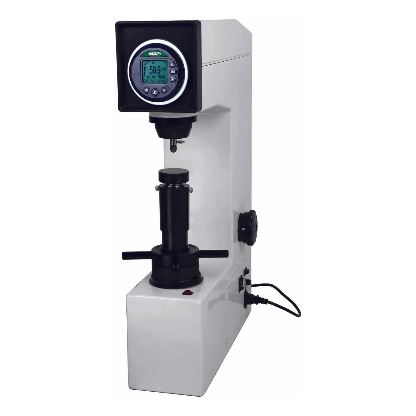 A white and black digital rockwell hardness tester with a digital display screen on a clean white background.