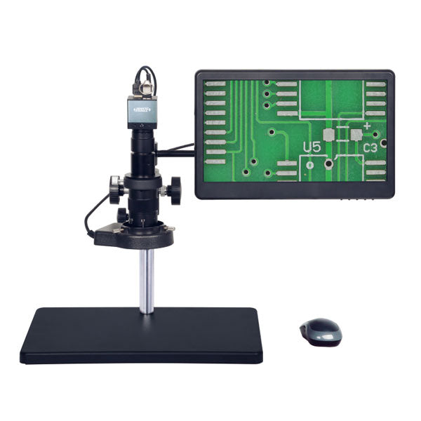 Microscope with a display monitor on a white background