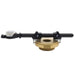 A mechanical shaft assembly with a black metal shaft, black mounting brackets, a white circular component on one end, and a gold-toned circular base with a splined center, shown on a plain white background.