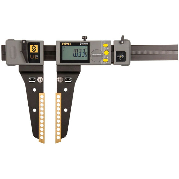 A Sylvyac digital caliper with a gray and black body, yellow buttons, and gold-colored measuring jaws, shown against a plain white background.