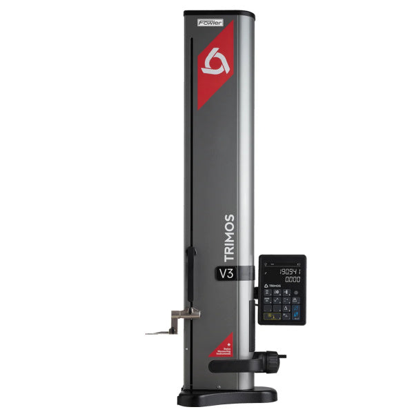 A Trimos V3 laser trim level gauge with a dark gray and silver metallic column, a red logo accent, and an attached digital display controller, shown on a solid white background.