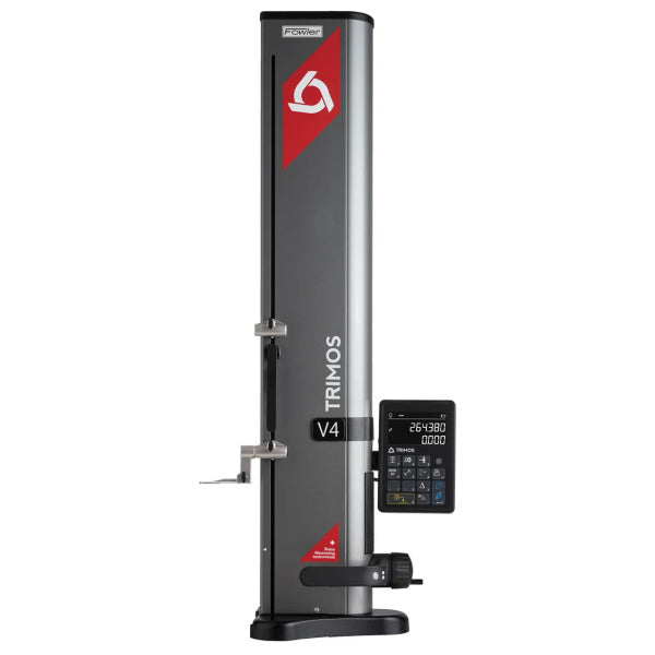 A Fowler Trimos V4 laser trim level machine with a dark gray and silver metallic body, red logo accents, and an attached digital control screen, shown on a solid white background