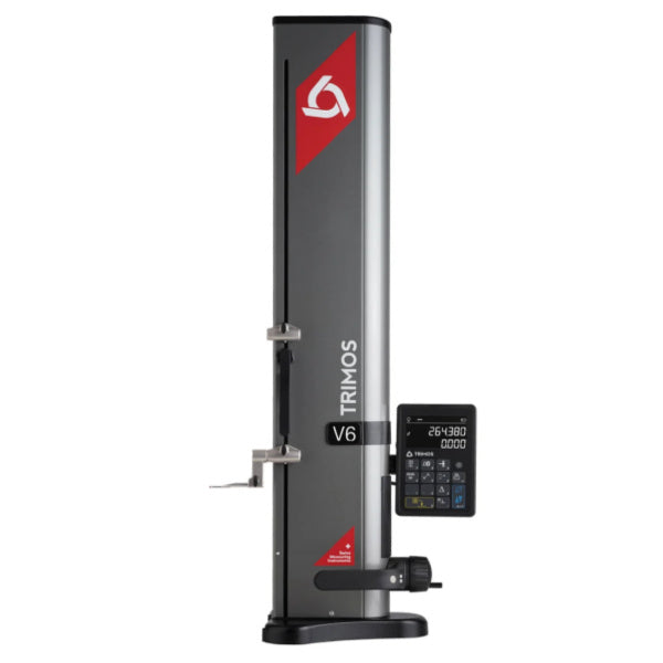 Trimos V6 laser trim level gauge with a digital display screen and metal guide arm, shown on a solid white background.
