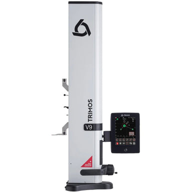 A Trimos V9 laser trim level gauge machine with a tall white vertical column, black base, and an attached touchscreen display, shown on a plain white background.