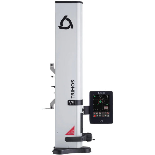 A Trimos V9 laser trim level gauge machine with a tall white vertical column, black base, and an attached touchscreen display, shown on a plain white background.