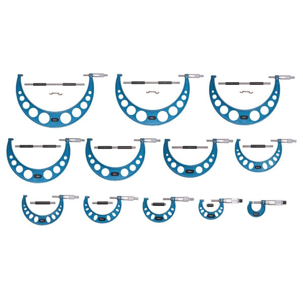 A set of blue precision micrometers in various sizes, arranged in three rows on a plain white background.