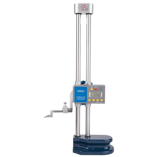 A digital height measuring device with two vertical silver metal rods, a blue and gray control box with a small LCD display, and a dark blue base, shown on a plain white background.