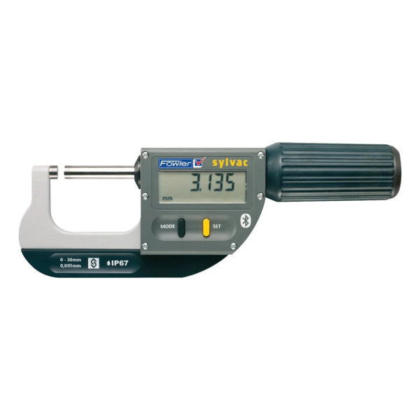 A Fowler Sylvac digital micrometer with a dark gray handle, gray and black body, and a silver anvil, shown against a plain white background.