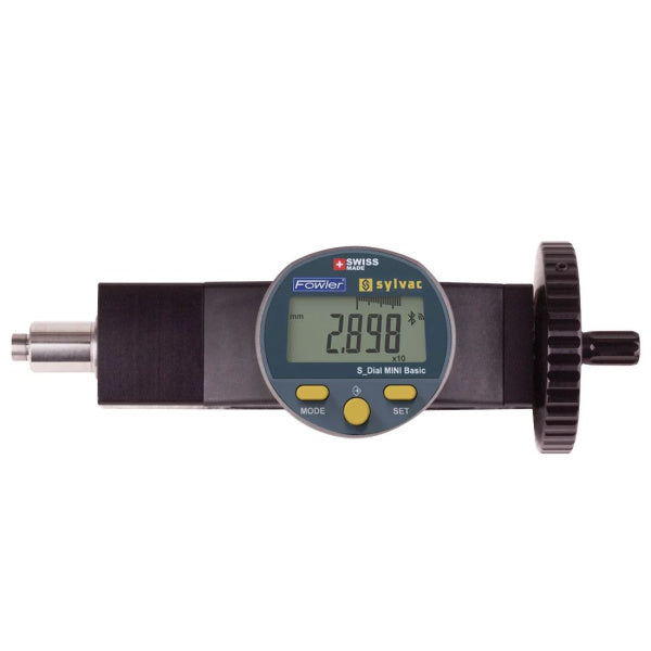 A Fowler Sylvac digital dial micrometer with a black body, a silver metal spindle on the left, and a black adjustment wheel on the right, featuring a gray LCD screen showing '2.898' on a white background.