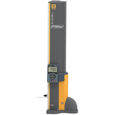 A digital height-measuring device with a tall gray column, yellow side accents, a black display screen, and a dark gray base, shown on a plain white background.