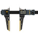 A digital caliper measuring device with a black and gray body, yellow accents, and a digital display screen, shown against a solid white background.