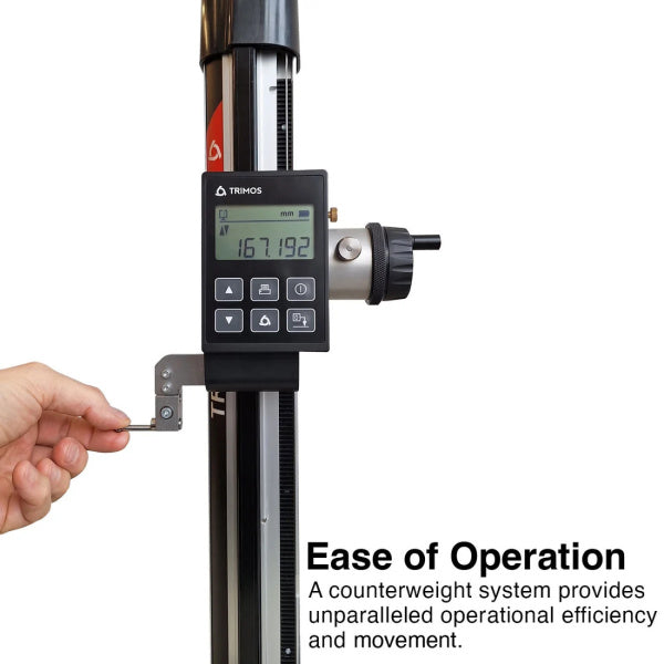 Fowler Trimos 24"/611mm V1+ Electronic Height Gage Granite Base ease of operation on a white background