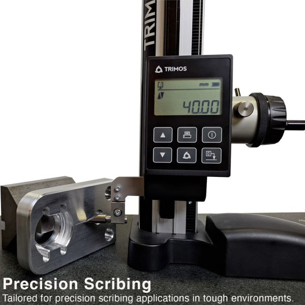 A Trimos digital precision scribing machine with a black control panel, silver metal workpiece, and black adjustment column on a white background, with text at the bottom reading 'Precision Scribing'.