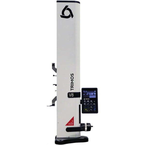 A Trimos V8 laser tracker machine with a white vertical column, black base, a digital control screen, and a red safety triangle on a plain white background.