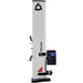A Trimos V8 laser tracker machine with a white vertical column, black base, a digital control screen, and a red safety triangle on a plain white background.