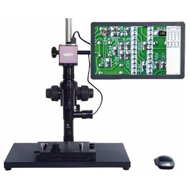 Microscope with digital display showing a circuit board on a white background
