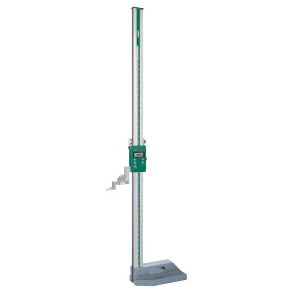 A digital height measuring device with a tall silver vertical scale, a green control box, and a gray base, isolated on a white background.
