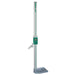 A digital height measuring device with a tall silver vertical scale, a green control box, and a gray base, isolated on a white background.