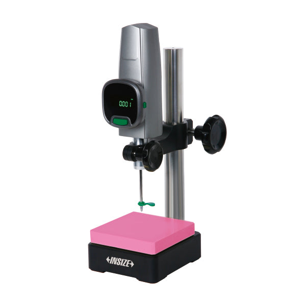 INSIZE digital drill press machine with a silver and black body, featuring a pink and black leveling base, shown on a solid white background.
