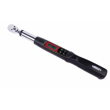 A digital torque wrench with a black handle, silver metal shaft, and a small red display screen, shown on a plain white background.