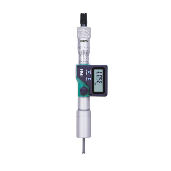 A digital micrometer with a silver metallic body, a green and black handle, and a digital screen