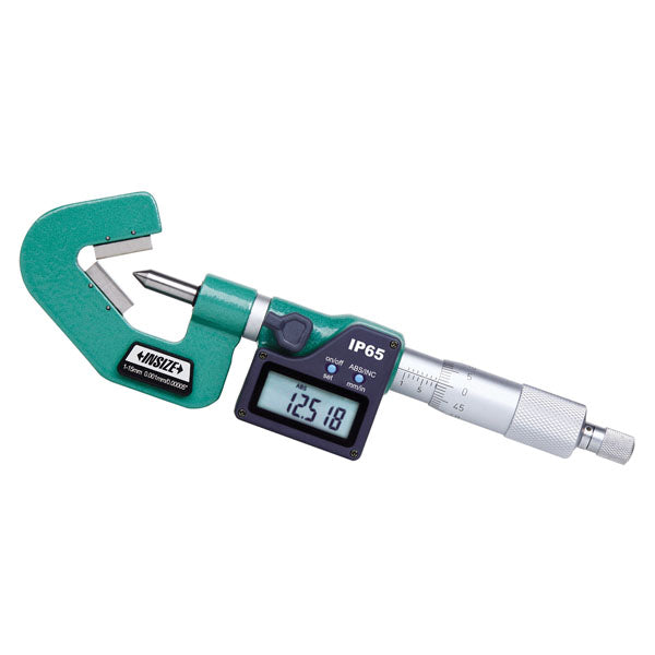 A digital micrometer with a green body, silver metal spindle and adjustment knob, and a black LCD display screen, shown on a plain white background.