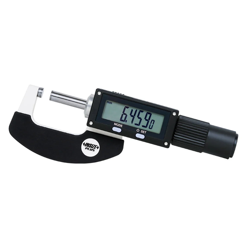 Angled view of the INSIZE Non-Rotating Spindle Digital Outside Micrometer showing C-frame, carbide faces and LCD reading in millimeters