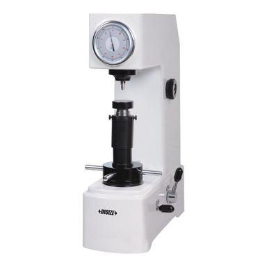 White rockwell hardness tester with a gauge on a white background