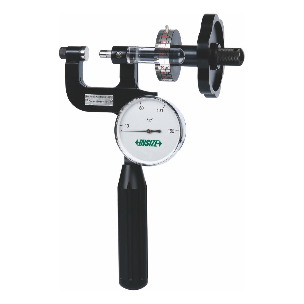Portable Rockwell Hardness Tester with a Dial indicator with a black handle and clear dial on a white background