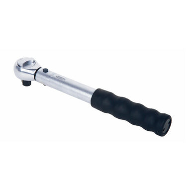 A torque wrench with a silver metallic head and handle, featuring a black textured grip, shown on a plain white background.