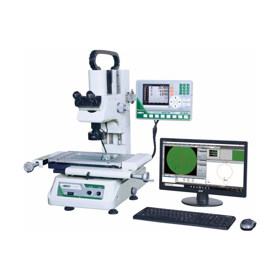 Microscope with digital display and computer setup on a white background