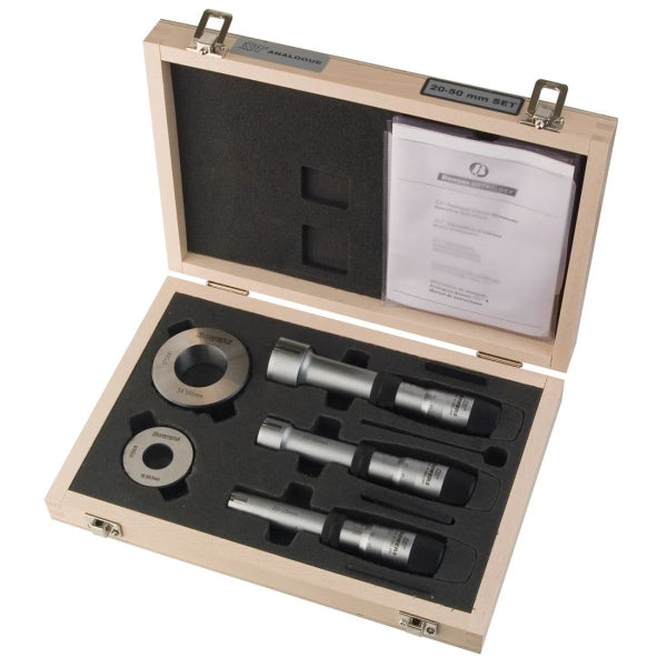 Fowler-Bowers XTA analog Holemike bore micrometer set in a case on a white background