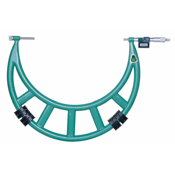 A green digital caliper with a curved frame, black spring-loaded anvils, and digital readouts on both ends, shown against a plain white background.