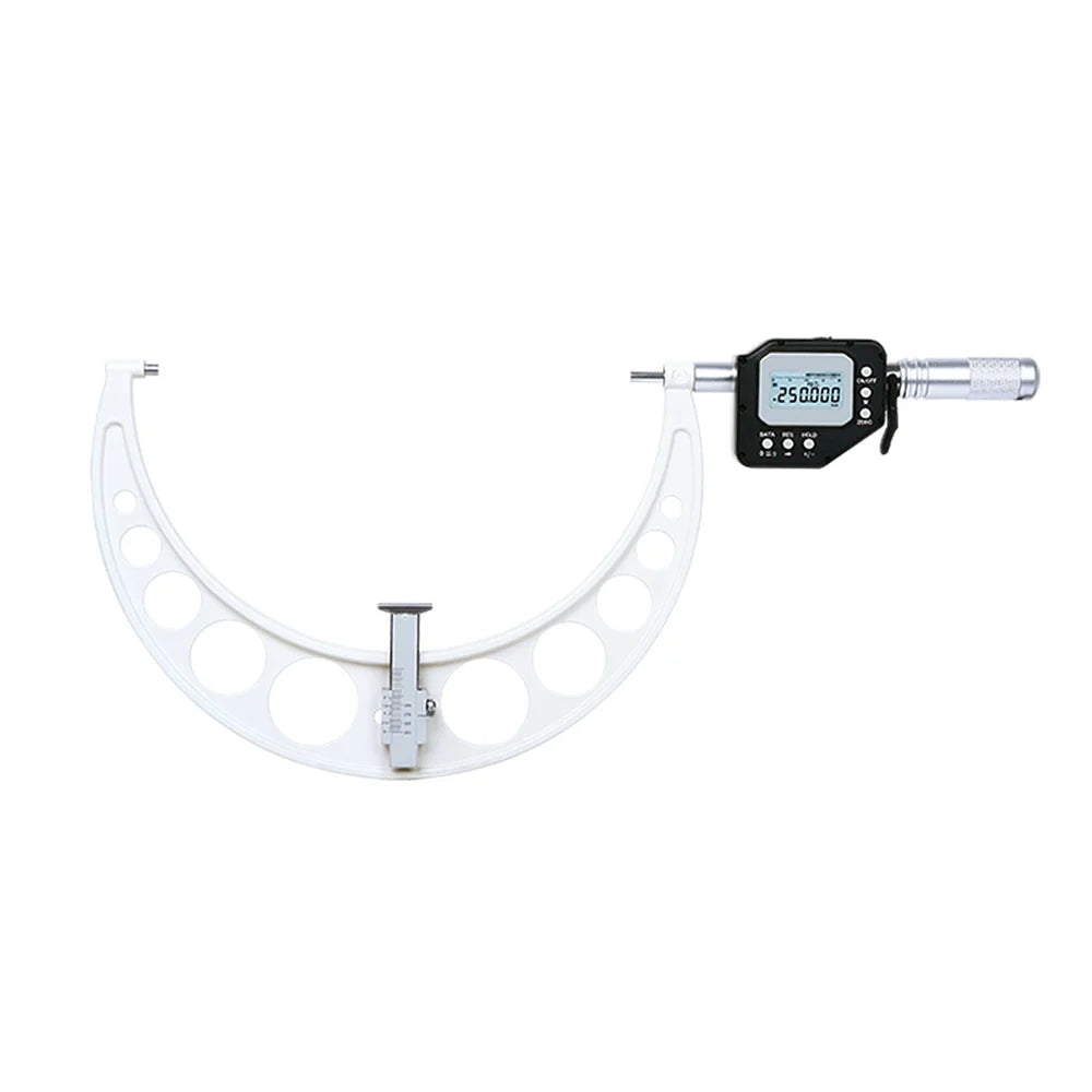 INSIZE Digital Micrometer with white frame, carbide faces and LCD reading 250.000 mm on a large snap gauge