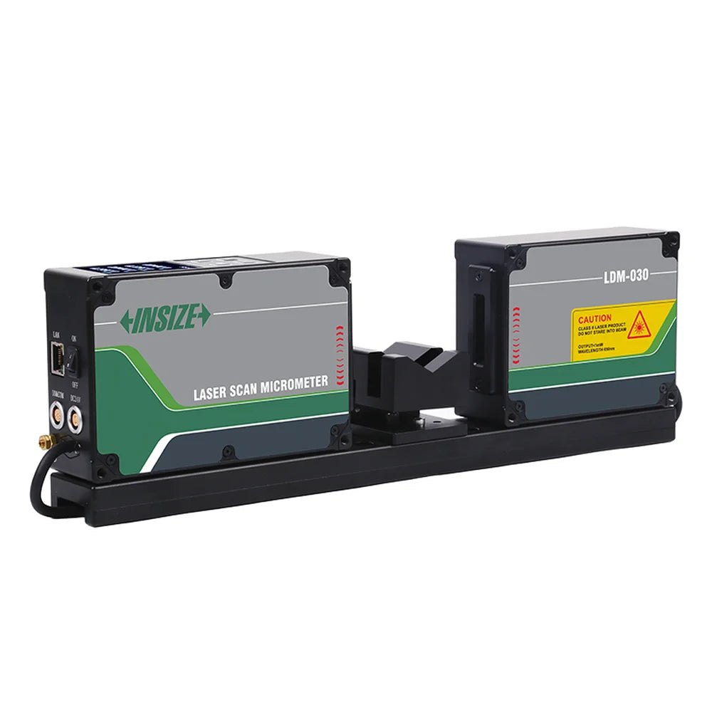 Side view of the INSIZE LDM Series Micrometer showing LAN port, power switch and connector sockets on the left scanning head over a white background
