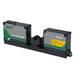 Angled view of the INSIZE LDM laser scan micrometer with dual heads, V-block holder and OLED display on a white studio background