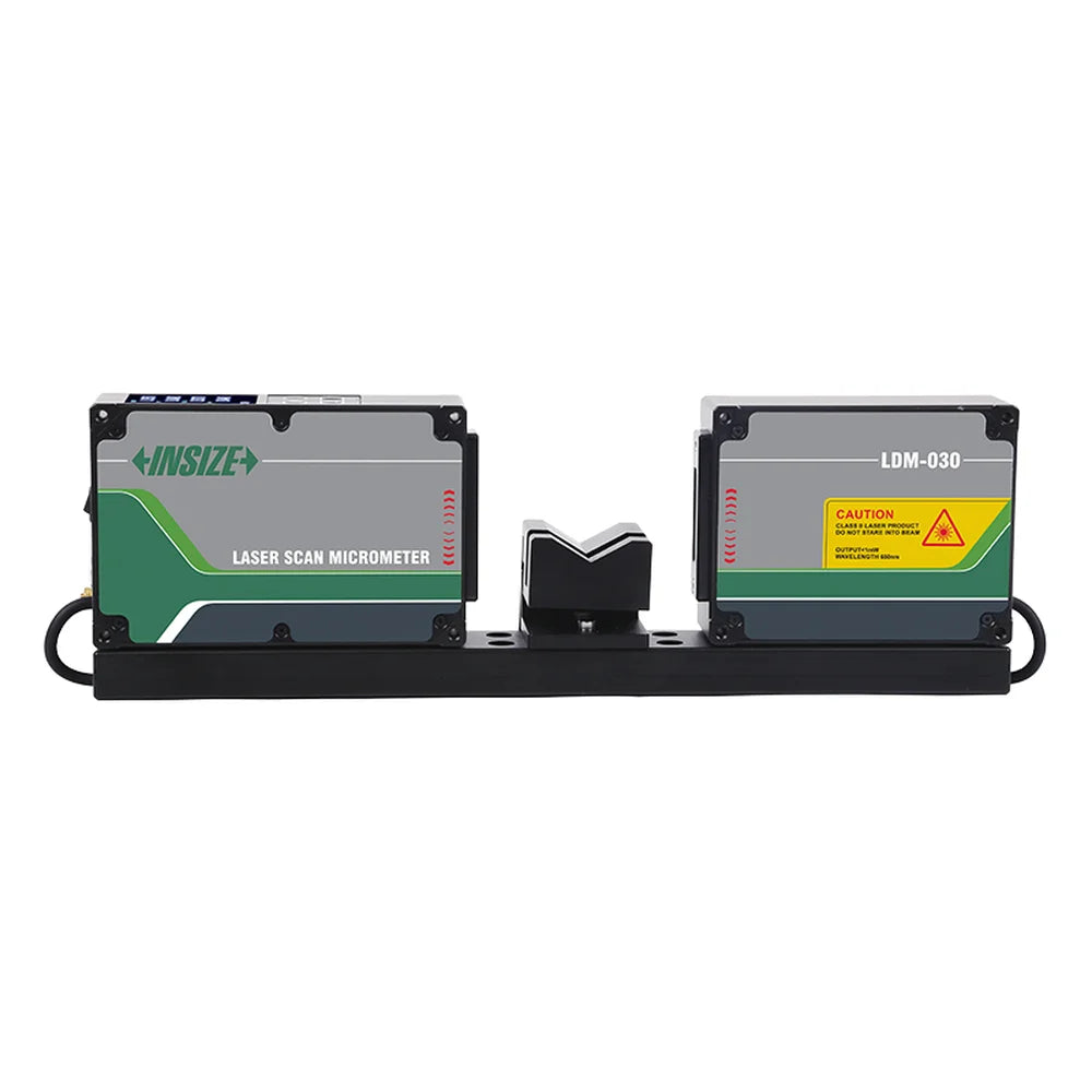 Front view of the INSIZE LDM Scan Micrometer with two facing scanning heads and central V-block holder on a mounting rail against white