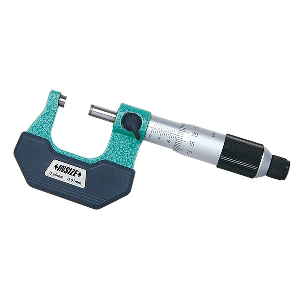 INSIZE Non Magnetic Outside Micrometer with green hammertone frame, graduated thimble and ratchet stop on white background