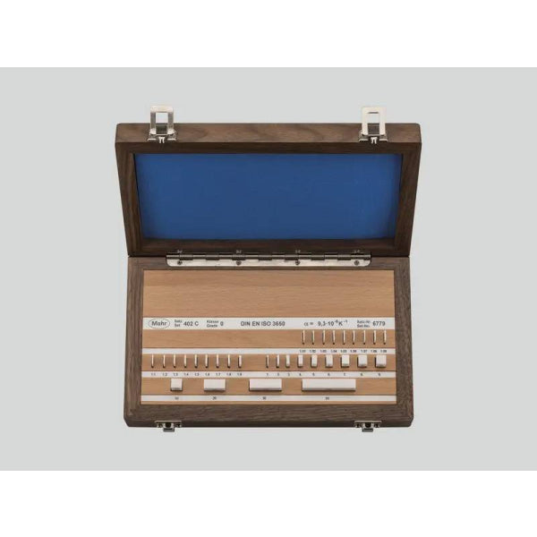Mahr MarGage gage block set in a fitted wooden case on a white background