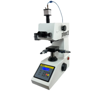 Phase II micro Vickers hardness tester with auto turret on a white background